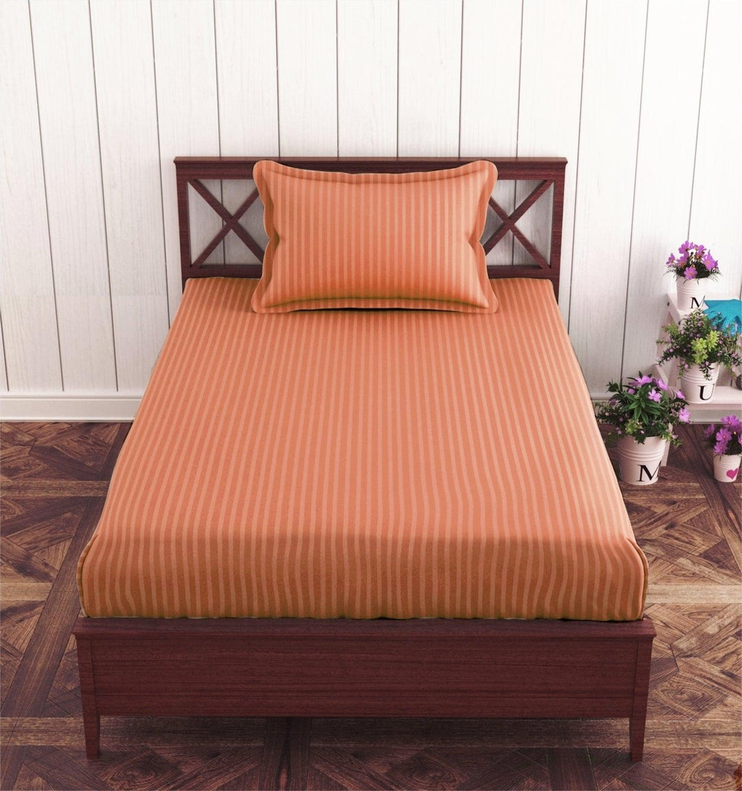 Cotton Single Bed Sizes Fitted Bedsheet with 1 Pillow Cover (100% Cotton & 200 TC)