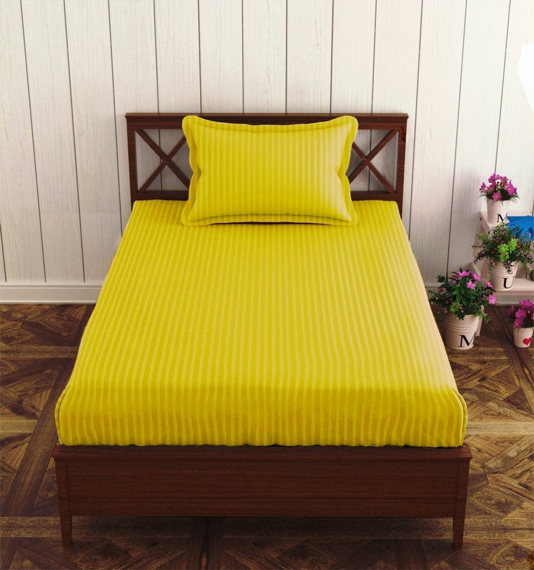 Cotton Single Bed Sizes Fitted Bedsheet with 1 Pillow Cover (100% Cotton & 200 TC) - Trance Home Linen