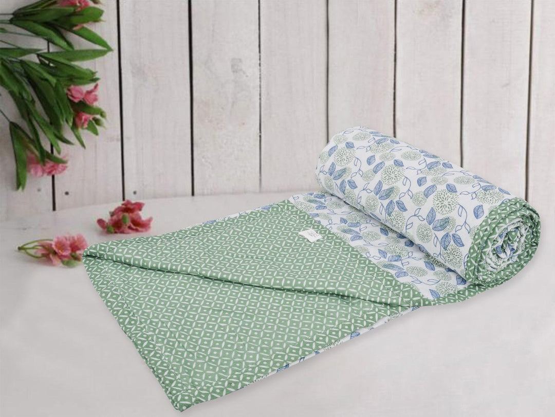 Cotton Double Dohar (SPRING Green Blue Leaves) - Trance Home Linen