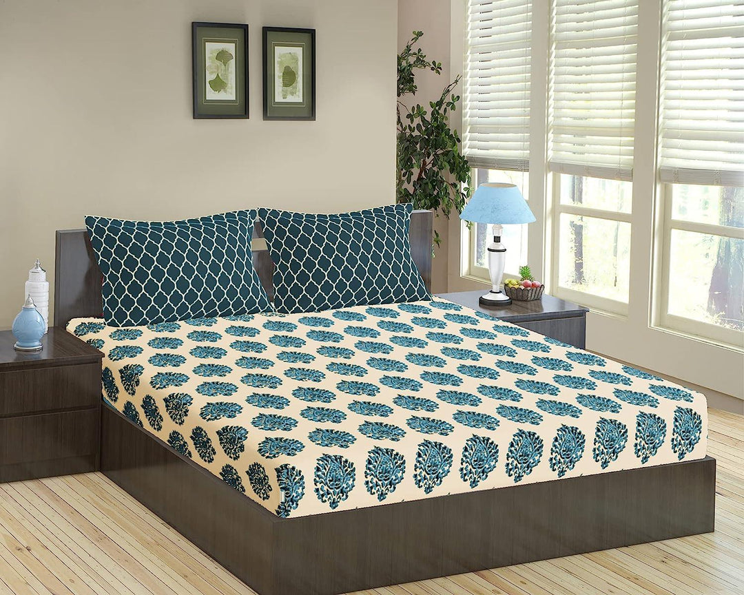 Cotton King Printed Fitted Bedsheet with 2 Pillow Covers (Damask/Dori 100% Cotton & 200 TC) - Trance Home Linen