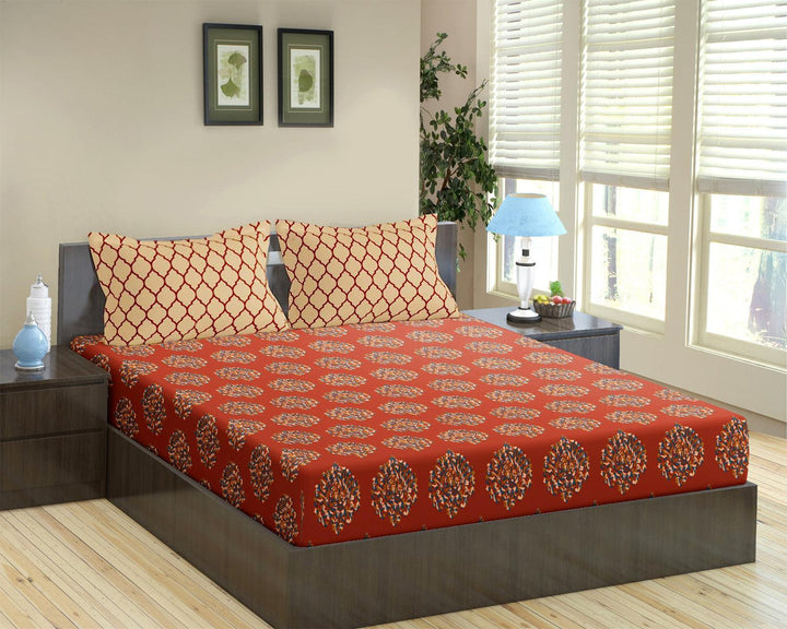 Cotton King Printed Fitted Bedsheet with 2 Pillow Covers (Damask/Dori 100% Cotton & 200 TC) - Trance Home Linen