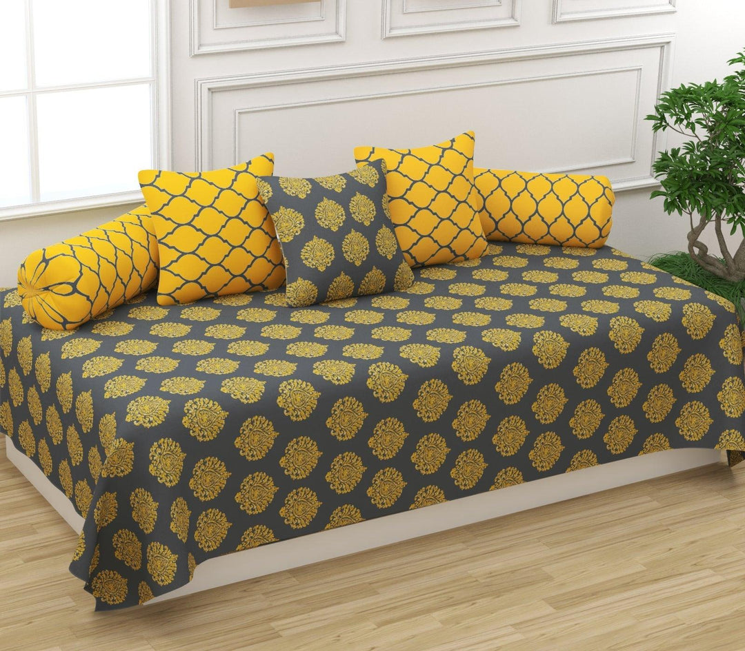 Cotton Printed 6 Pcs Diwan Set (Damask 100% Cotton & 200 TC) - Trance Home Linen