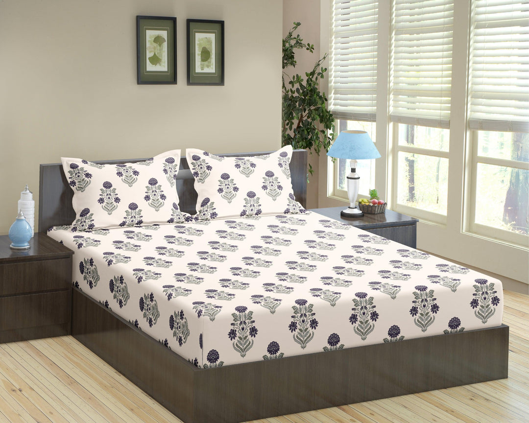 Cotton Printed Fitted Bedsheet with Pillow Covers (Aangan Collection 100% Cotton & 180 TC) - Trance Home Linen