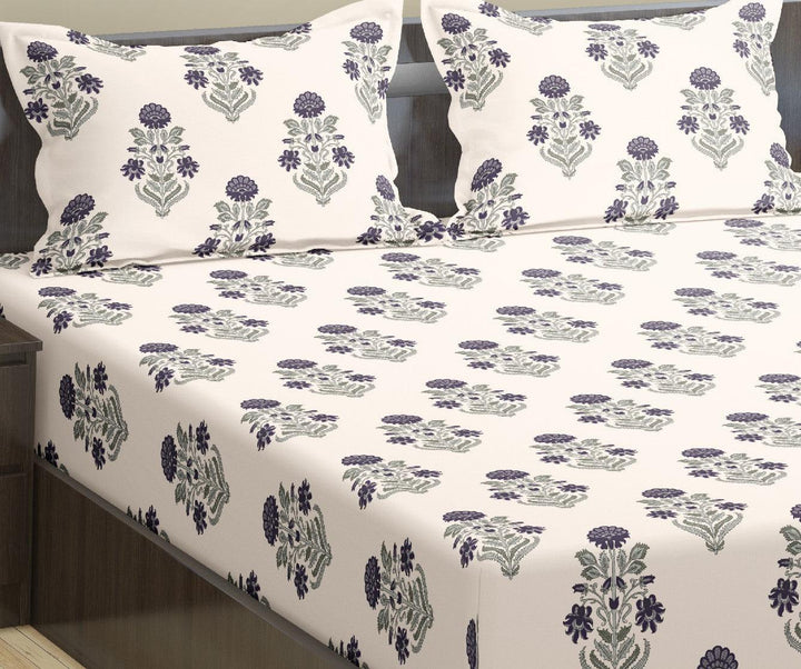 Cotton Printed Fitted Bedsheet with Pillow Covers (Aangan Collection 100% Cotton & 180 TC) - Trance Home Linen