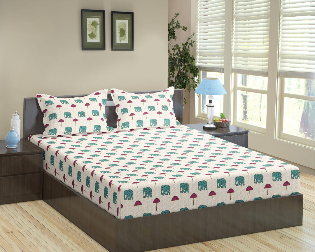 Cotton Printed Fitted Bedsheet with Pillow Covers (Ambari 100% Cotton & 180 TC) - Trance Home Linen
