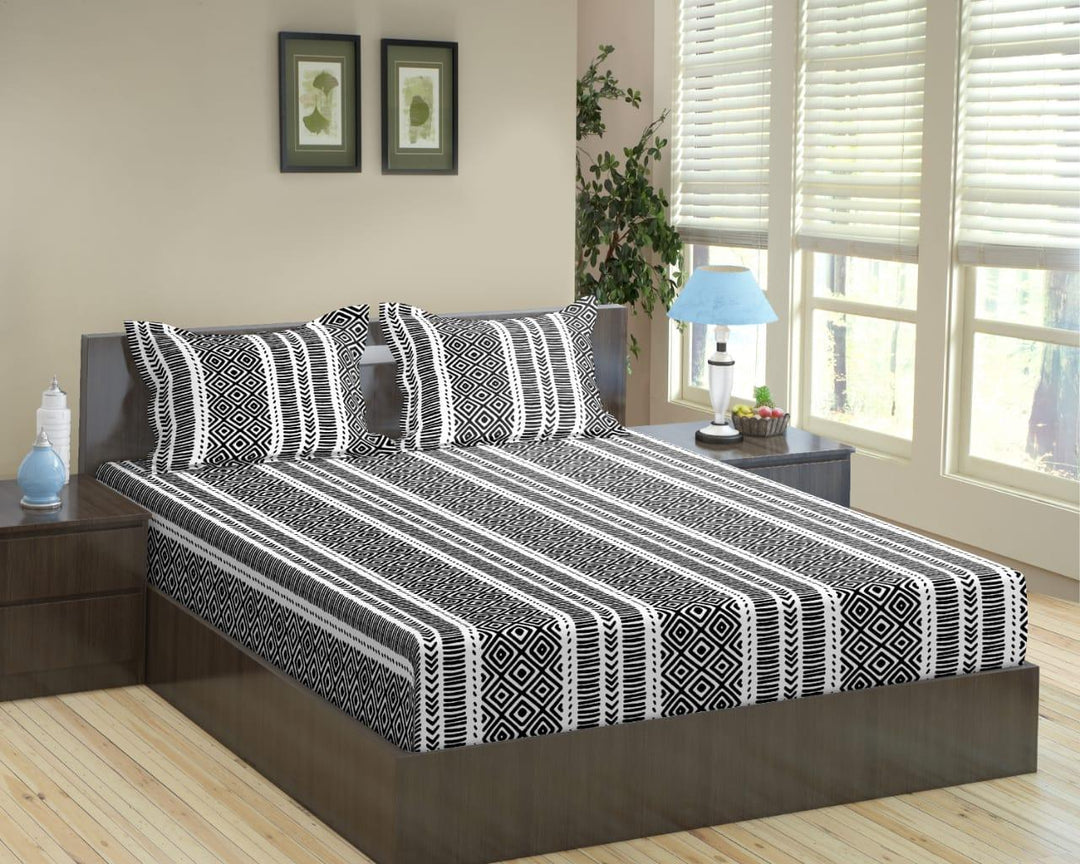 Cotton Printed Fitted Bedsheet with Pillow Covers (Aztec 100% Cotton & 200 TC) - Trance Home Linen