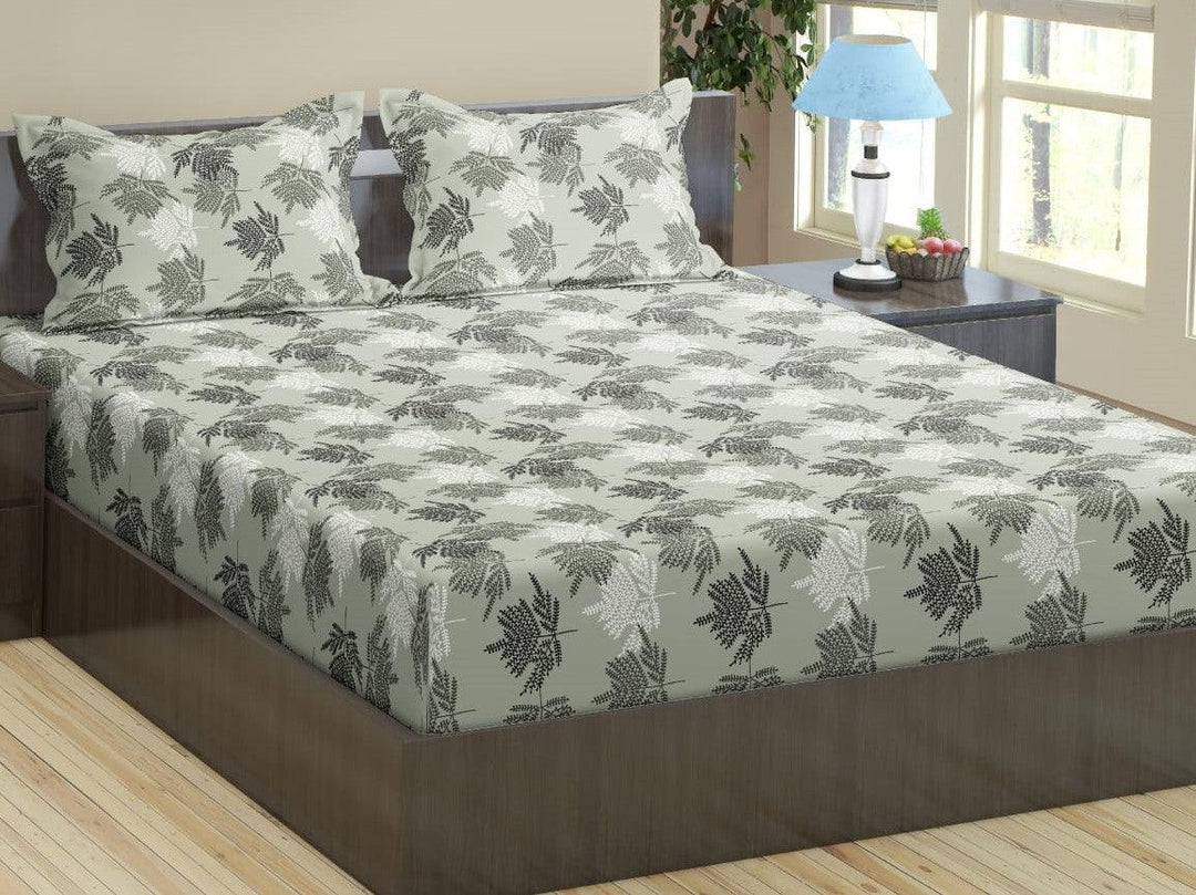 Cotton Printed Fitted Bedsheet with Pillow Covers (Ferns Paradise 100% Cotton &144 TC) - Trance Home Linen