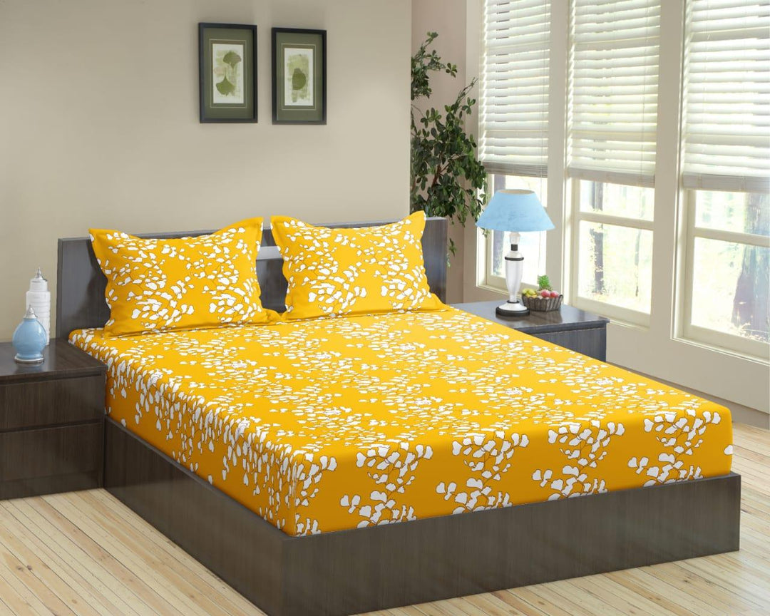 Cotton Printed Fitted Bedsheet with Pillow Covers (Ginkgo Leaves 100% Cotton & 200 TC) - Trance Home Linen