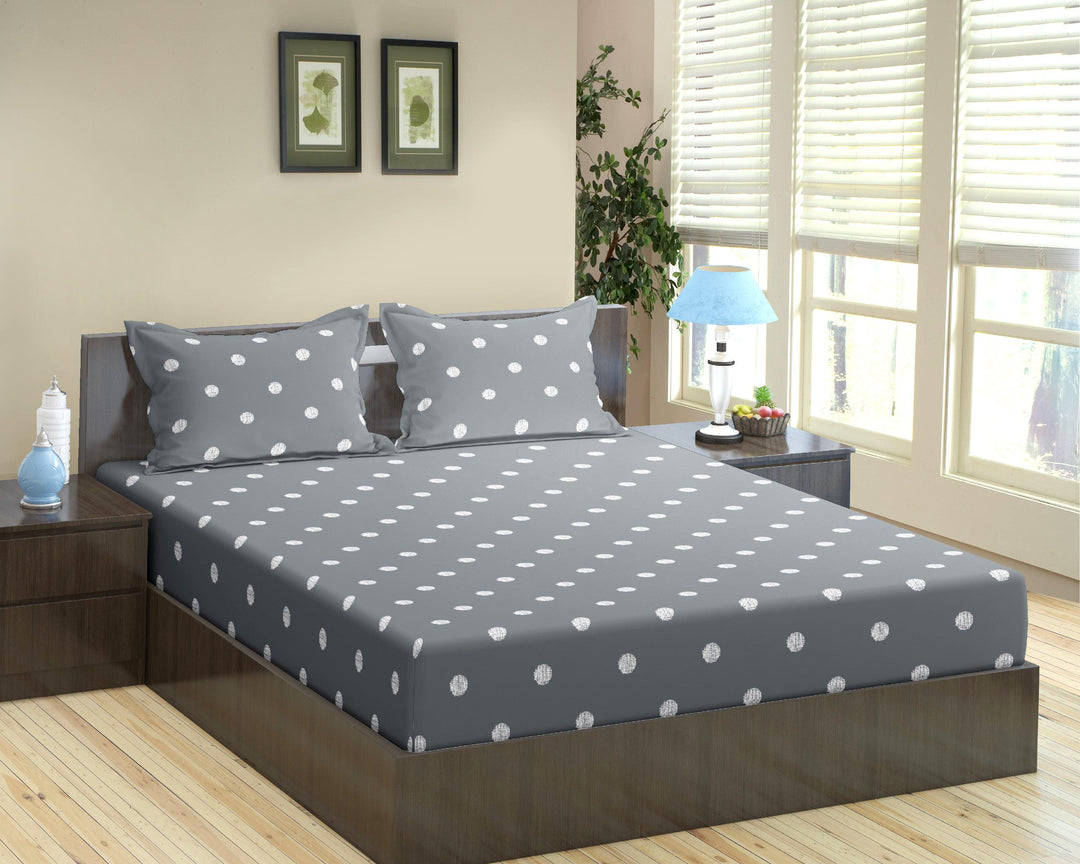 Cotton Printed Fitted Bedsheet with Pillow Covers (Grey White Circles 100% Cotton & 300 TC) - Trance Home Linen