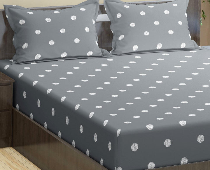 Cotton Printed Fitted Bedsheet with Pillow Covers (Grey White Circles 100% Cotton & 300 TC) - Trance Home Linen