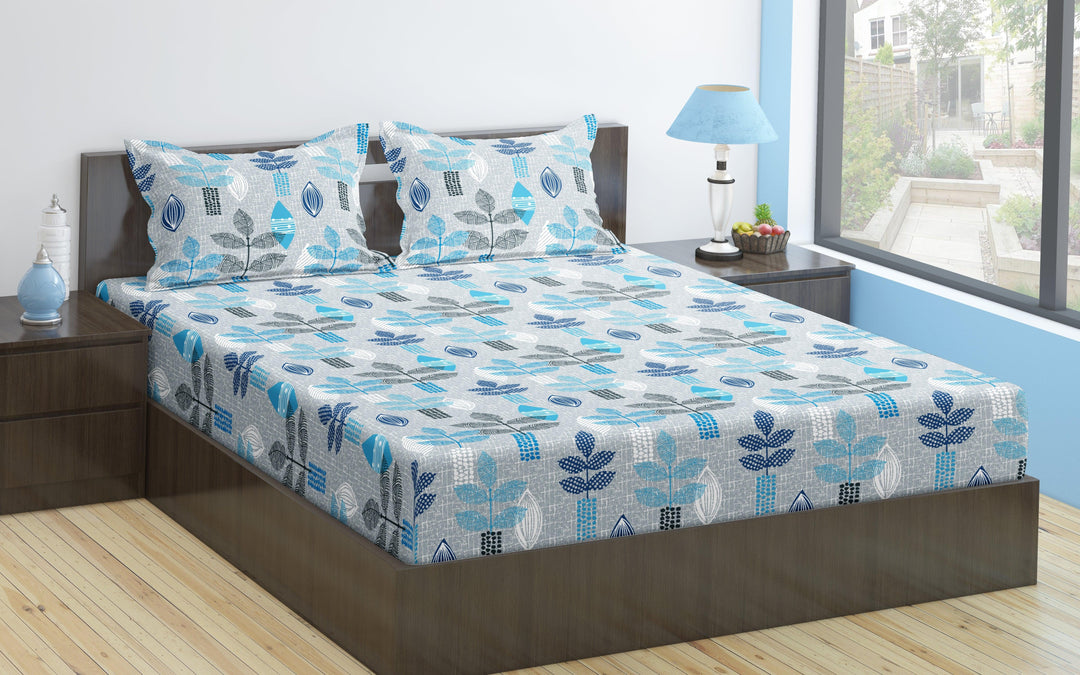 Cotton Printed Fitted Bedsheet with Pillow Covers (Textured Leaves 100% Cotton & 144 TC) - Trance Home Linen