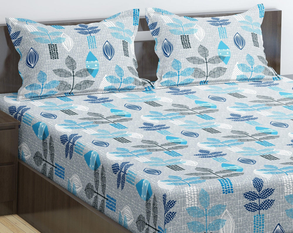 Cotton Printed Fitted Bedsheet with Pillow Covers (Textured Leaves 100% Cotton & 144 TC) - Trance Home Linen