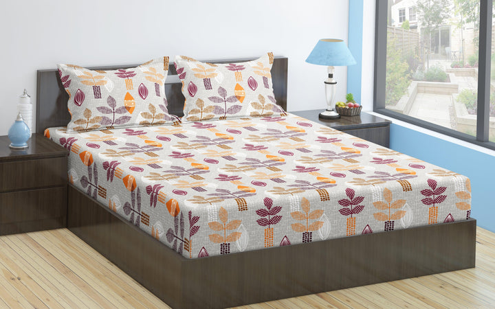 Cotton Printed Fitted Bedsheet with Pillow Covers (Textured Leaves 100% Cotton & 144 TC) - Trance Home Linen