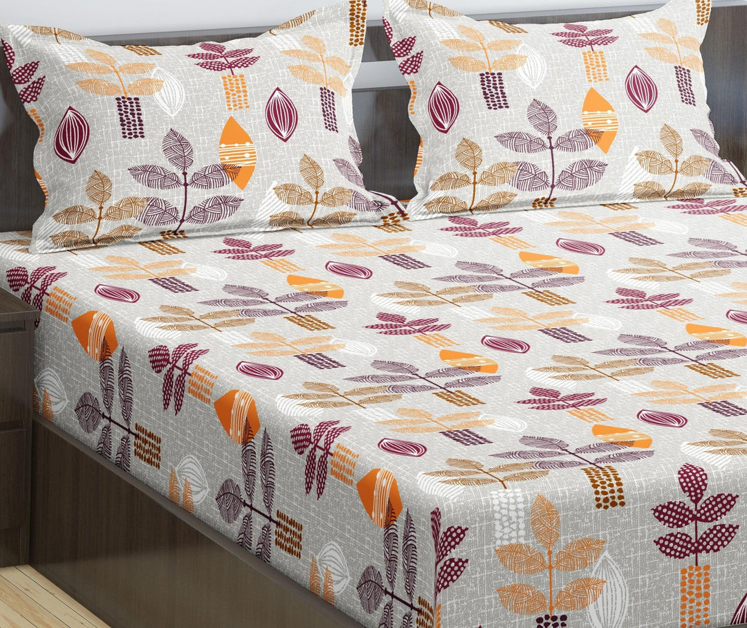 Cotton Printed Flat Bedsheet with Pillow Covers (Textured Leaves 100% Cotton & 144 TC) - Trance Home Linen
