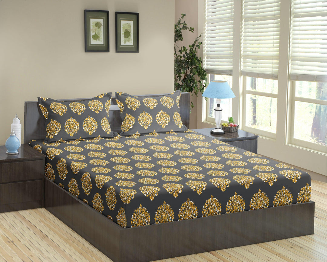 Cotton Printed King Fitted Bedsheet with 2 Pillow Covers (Damask 100% Cotton & 200 TC) - Trance Home Linen