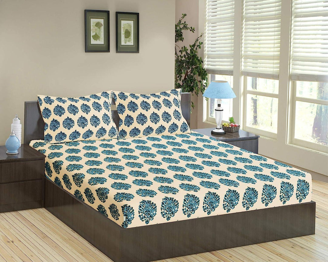 Cotton Printed Queen Fitted Bedsheet with 2 Pillow Covers (100% Cotton & 200 TC) - Trance Home Linen