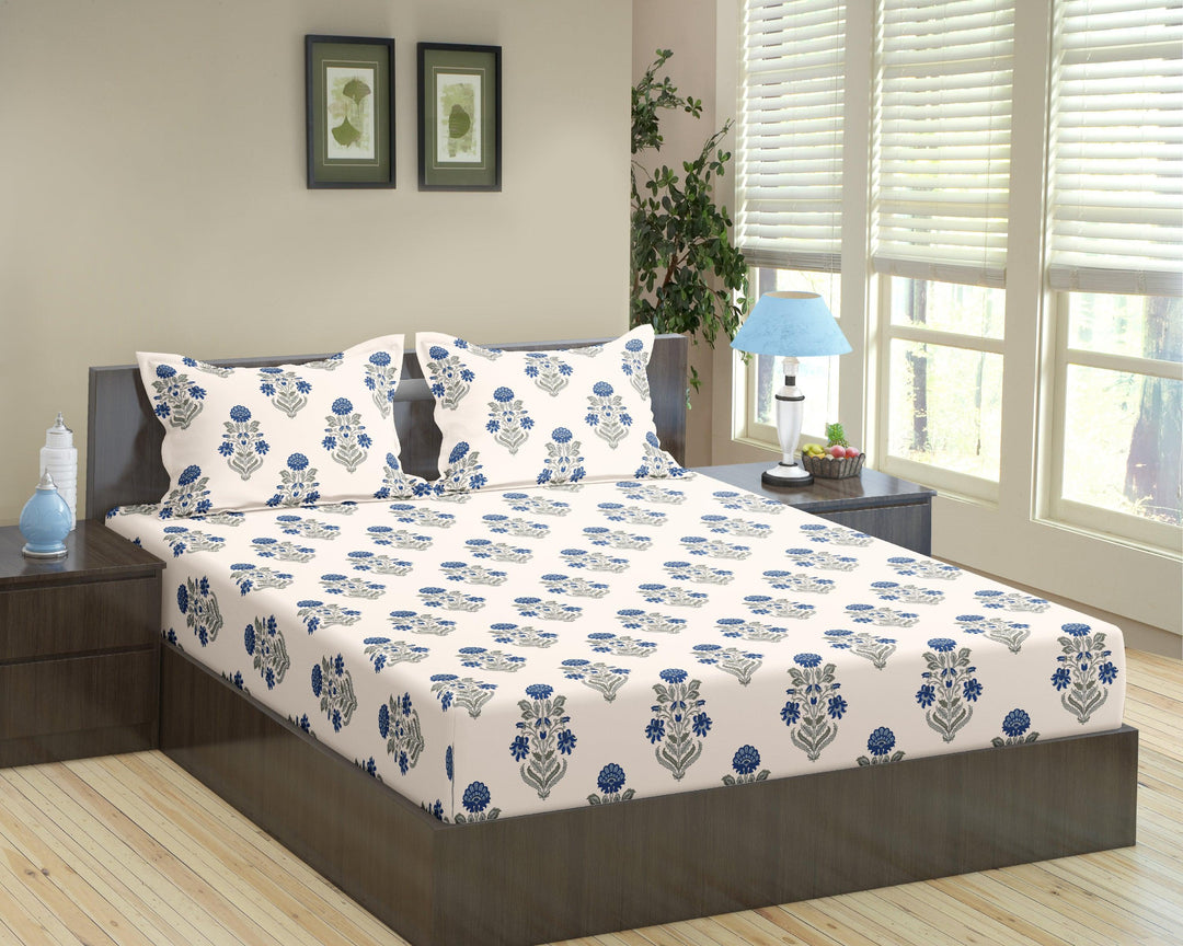 Cotton Printed Queen Flat Bedsheet with 2 Pillow Covers (Aangan Collection 100% Cotton) - Trance Home Linen