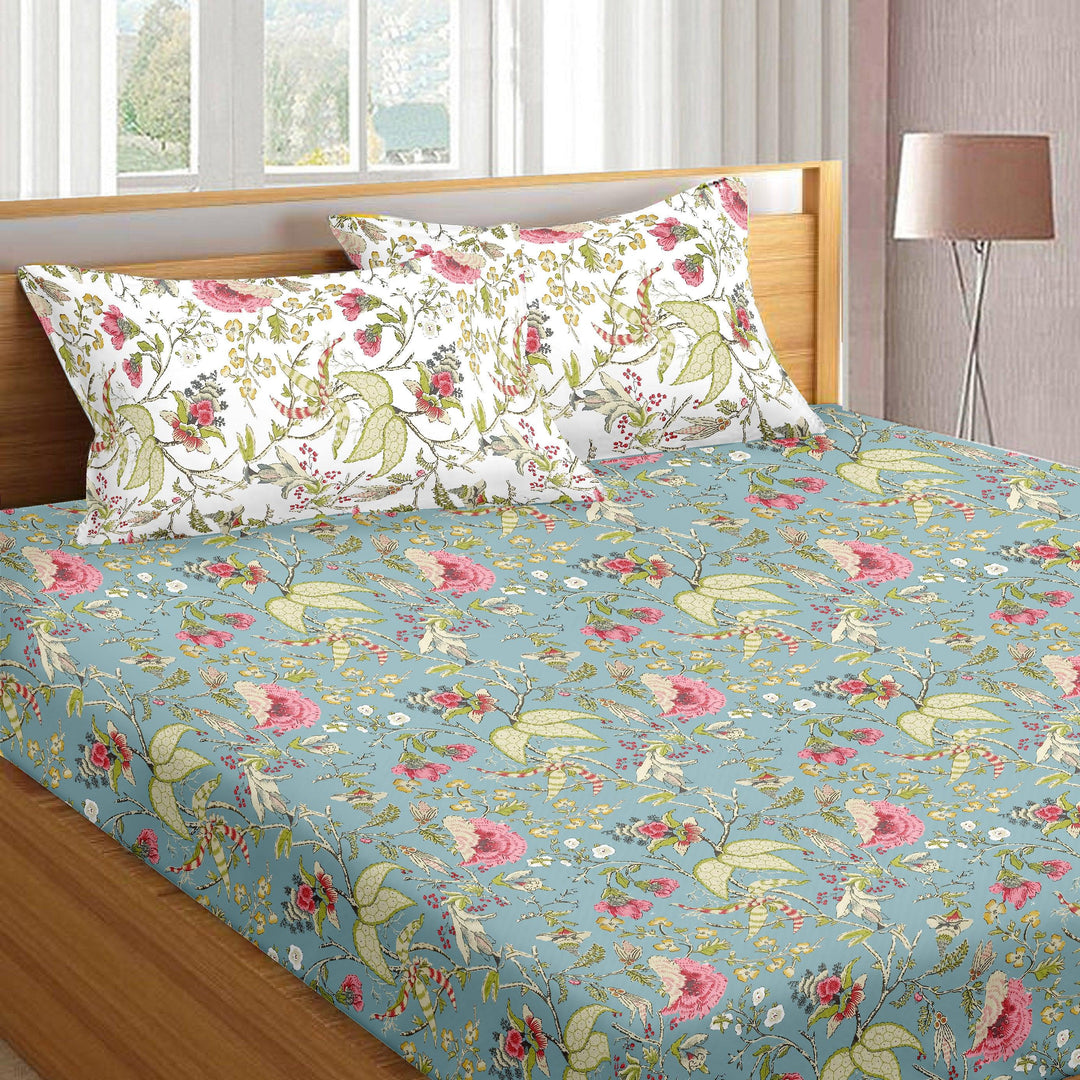 Cotton Printed Queen Flat Bedsheet with 2 Pillow Covers (Calicut Collection 100% Cotton) - Trance Home Linen