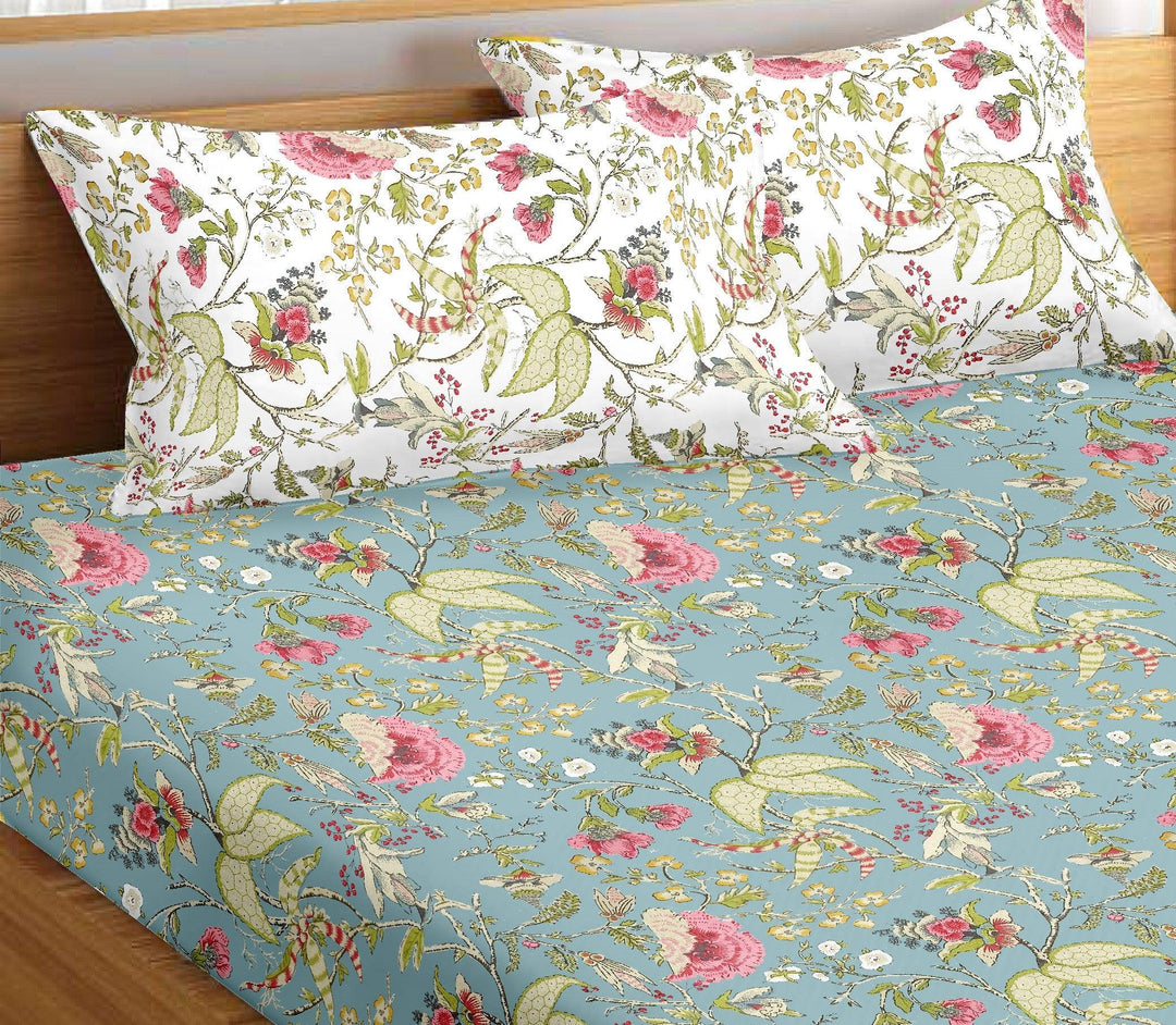 Cotton Printed Queen Flat Bedsheet with 2 Pillow Covers (Calicut Collection 100% Cotton) - Trance Home Linen