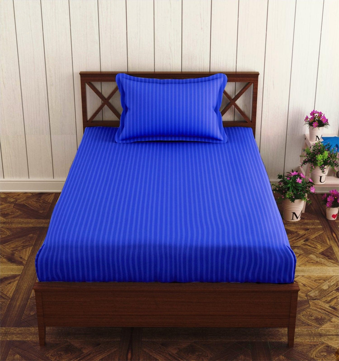Cotton Single Bed Sizes Fitted Bedsheet with 1 Pillow Cover(100% Cotton & 200 TC) - Trance Home Linen