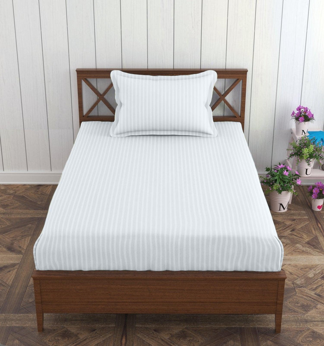 Cotton Single Bed Sizes Fitted Bedsheet with 1 Pillow Cover(100% Cotton & 200 TC) - Trance Home Linen