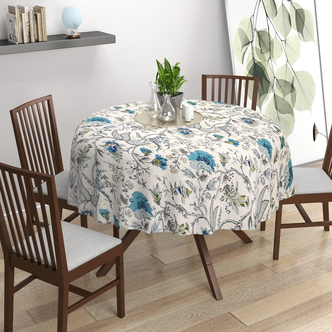 Premium Cotton Circular Dining Table Cloth (Blue White Flowers) - Trance Home Linen