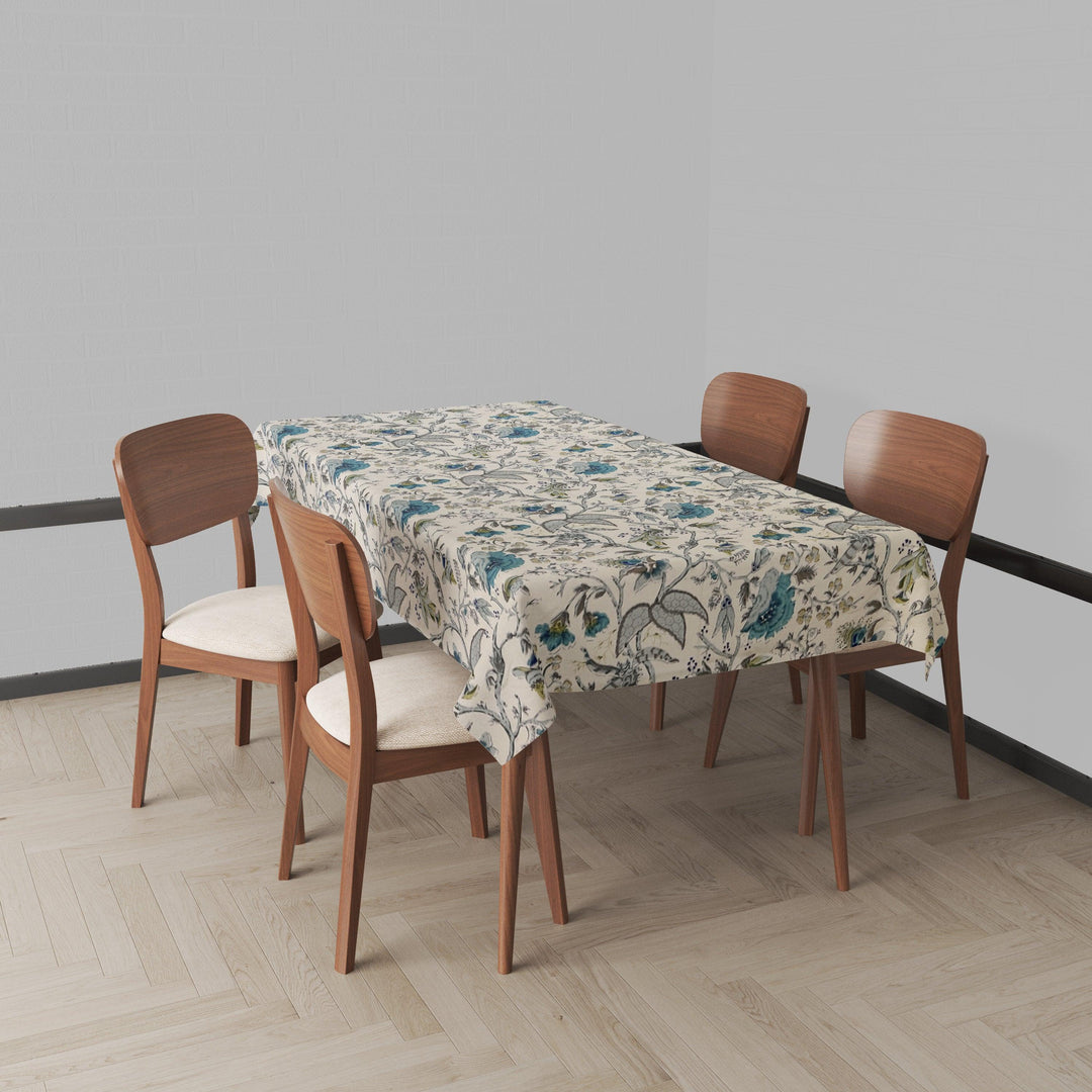 Premium Cotton Rectangular Dining Table Cloth (Blue White Flowers) - Trance Home Linen